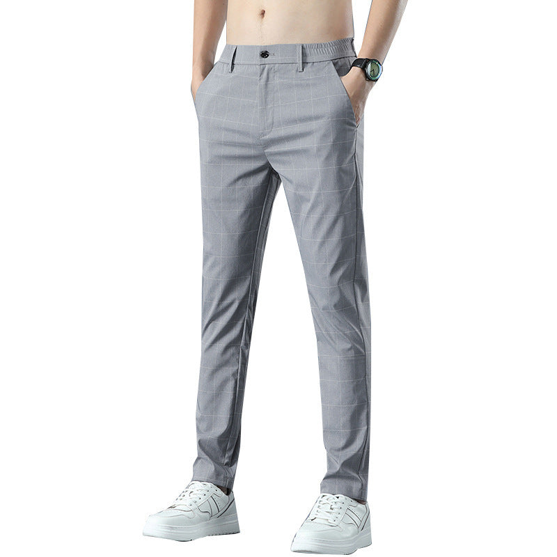 Pantalon d'été en soie glacée à carreaux pour homme, coupe slim
