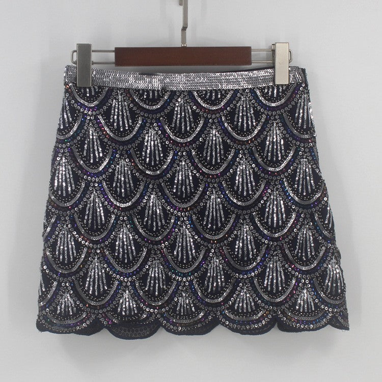 Heavy industry sequin wave edge hip hugging short skirt and half body skirt