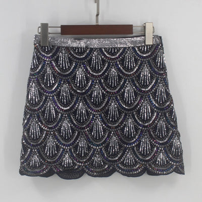 Heavy industry sequin wave edge hip hugging short skirt and half body skirt