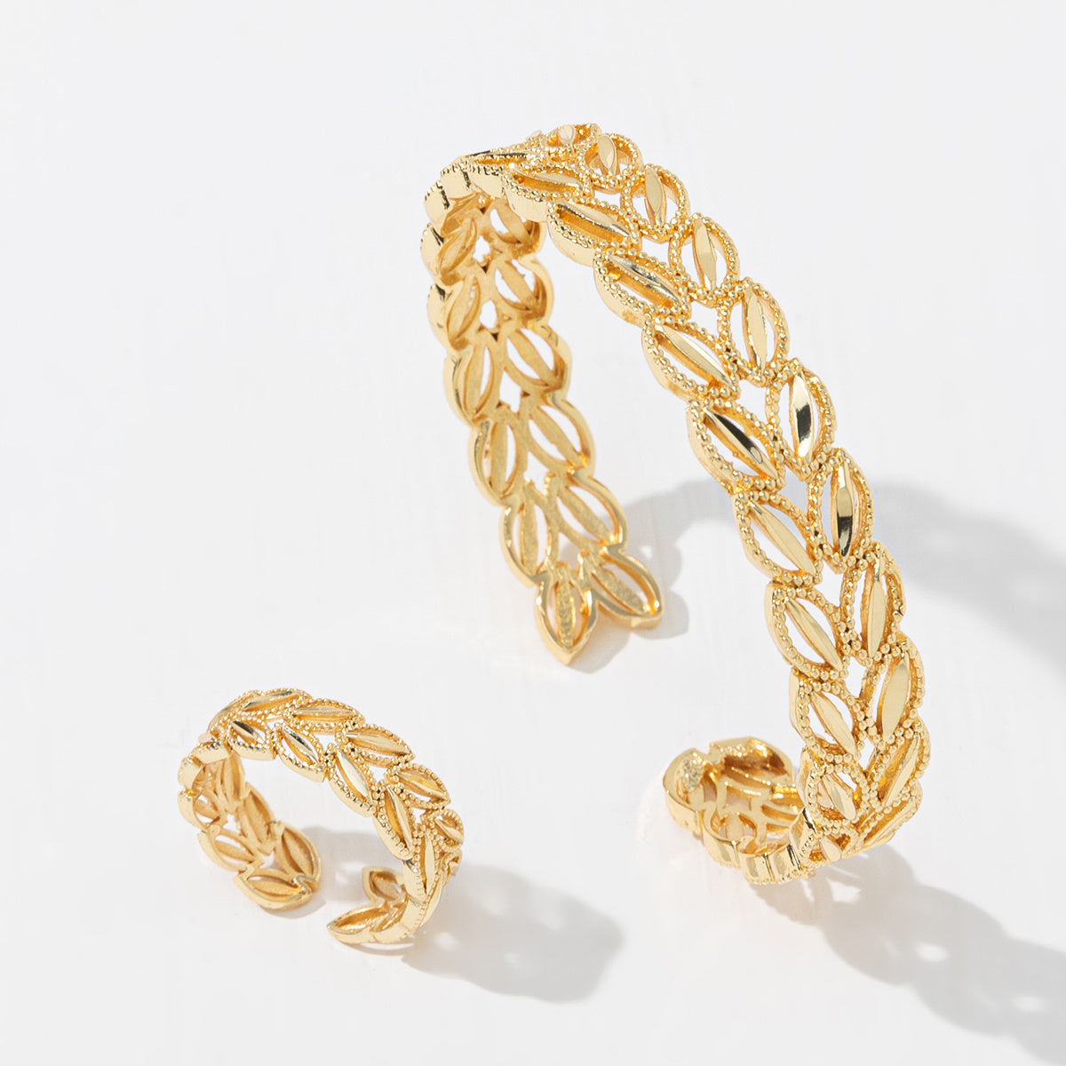 Gold Wheat Leaf Bracelet & Ring Set