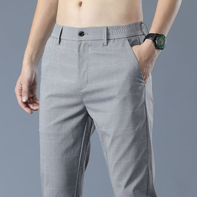Pantalon d'été en soie glacée à carreaux pour homme, coupe slim