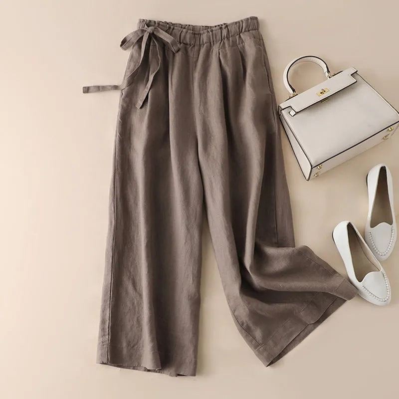 High Waist Side Lace-up Retro Art Elastic-waist Casual Pants For Women