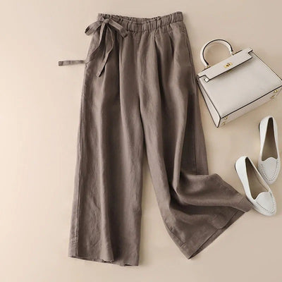 High Waist Side Lace-up Retro Art Elastic-waist Casual Pants For Women