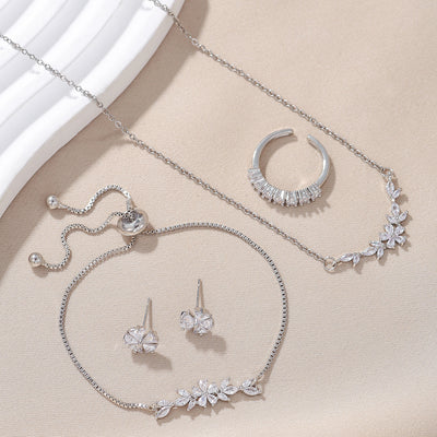 Elegant Silver Zircon Flower Jewelry Set