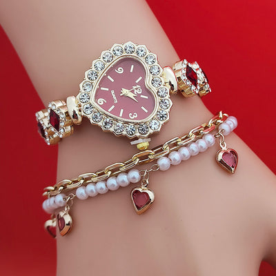 Montre-bracelet tendance en forme d'amour, montre à quartz en forme de cœur couleur diamant, ensemble de bijoux tendance pour femme, cadeau de Saint-Valentin