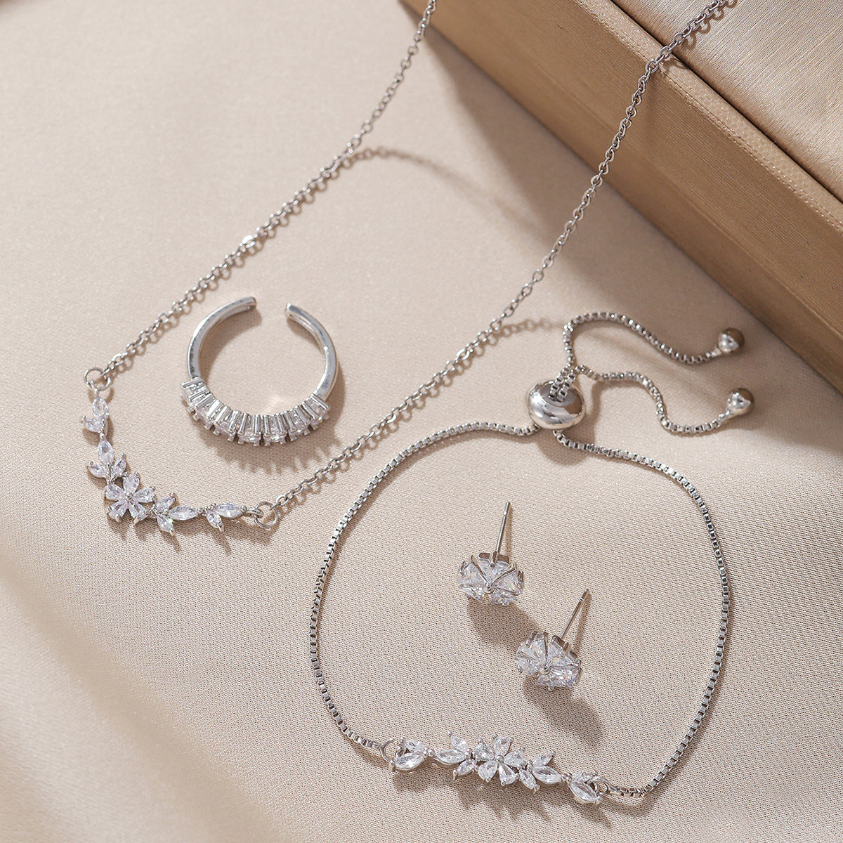 Elegant Silver Zircon Flower Jewelry Set