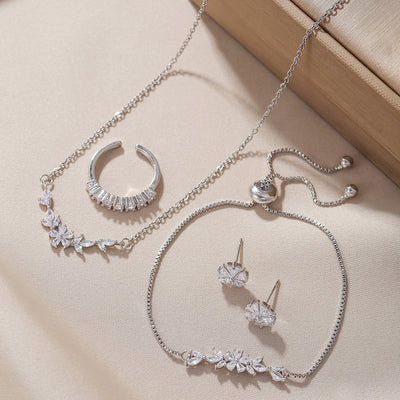 Elegant Silver Zircon Flower Jewelry Set
