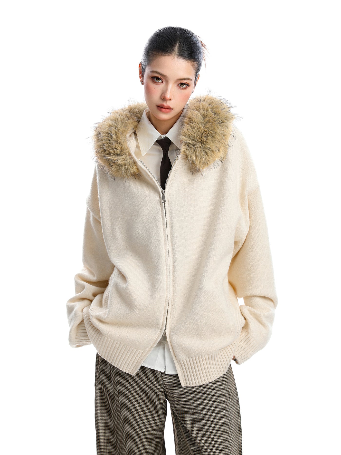 Detachable Fur Collar Hood Sweater Women's Coat