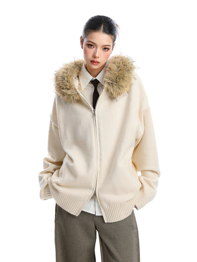 Detachable Fur Collar Hood Sweater Women's Coat
