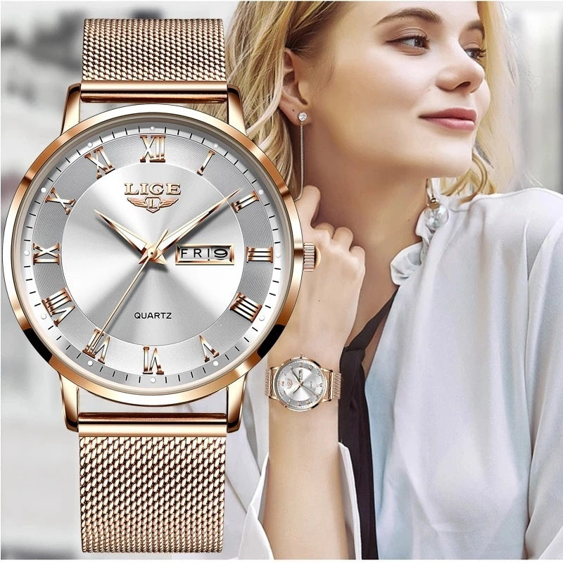 Montre à quartz fine pour femme, étanche, double calendrier