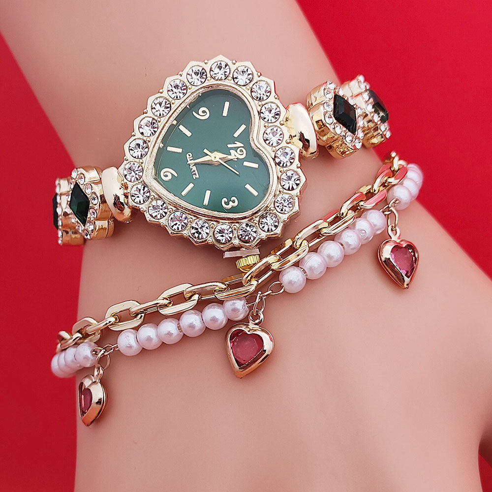 Montre-bracelet tendance en forme d'amour, montre à quartz en forme de cœur couleur diamant, ensemble de bijoux tendance pour femme, cadeau de Saint-Valentin