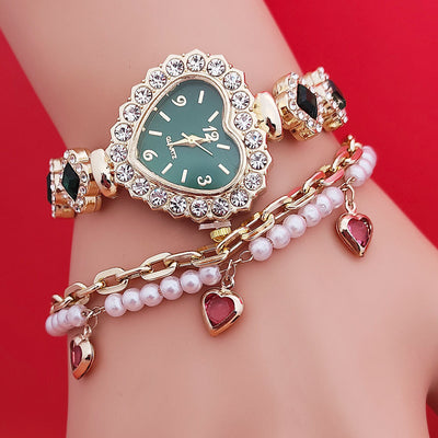 Montre-bracelet tendance en forme d'amour, montre à quartz en forme de cœur couleur diamant, ensemble de bijoux tendance pour femme, cadeau de Saint-Valentin