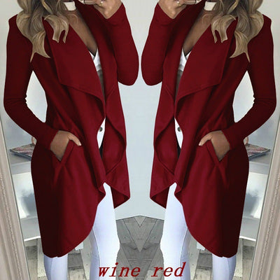 Women's Plus Size Solid Color Polo Collar Slim Fit Long Trench Coat