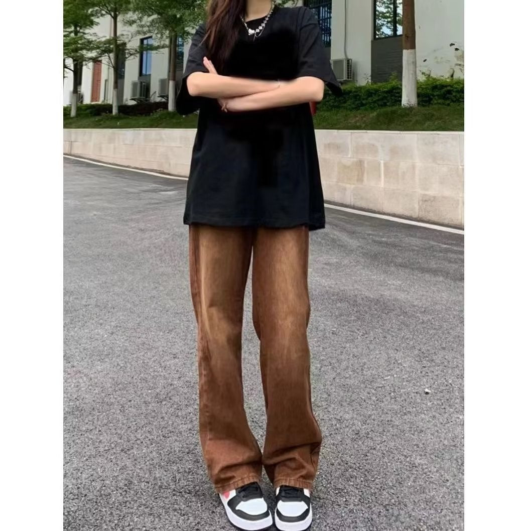 American Retro Brown Straight-leg Denim Pants
