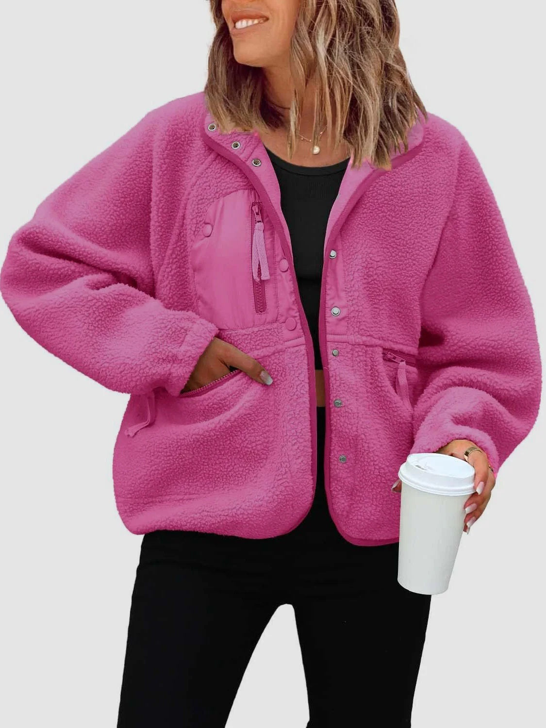 Cardigan court en peluche, manteau en laine d'agneau