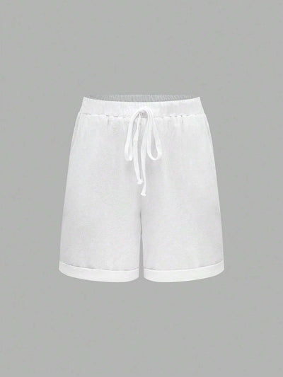 Solid Color Drawstring Shorts With Pockets, Summer Casual Wear