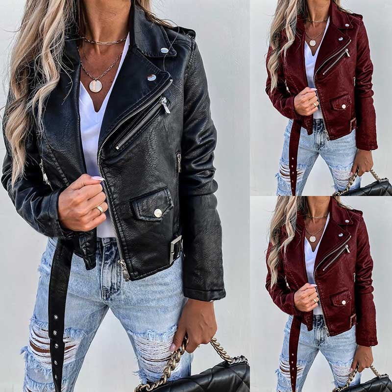 Veste Top PU Cuir Manteau Court Fermeture Éclair