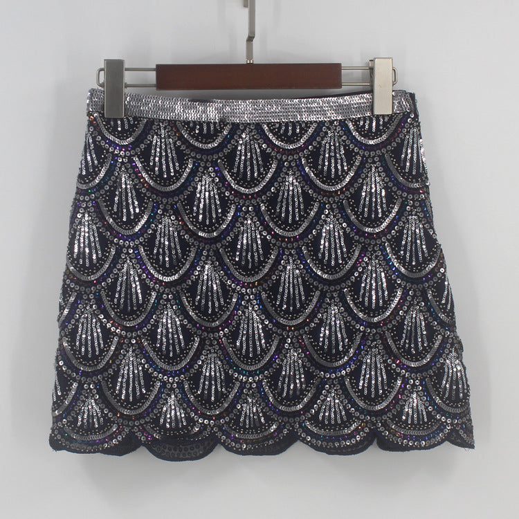 Heavy industry sequin wave edge hip hugging short skirt and half body skirt
