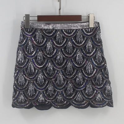 Heavy industry sequin wave edge hip hugging short skirt and half body skirt