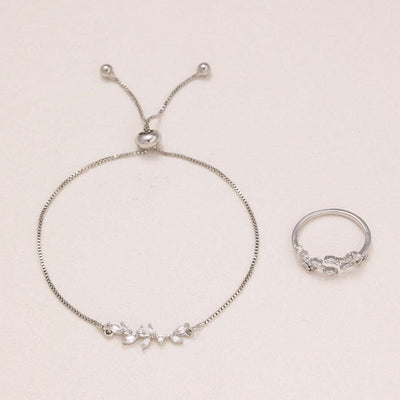 Silver Zircon Leaf Bracelet & Ring Set