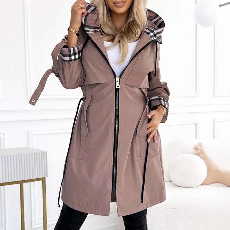 European And American Hooded Plaid Coat