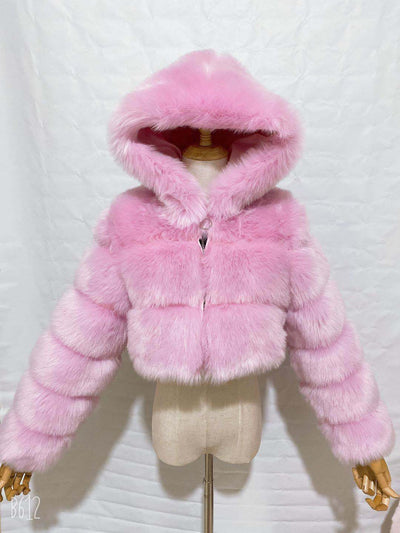 Short Hooded Faux Fur Long Sleeve Coat
