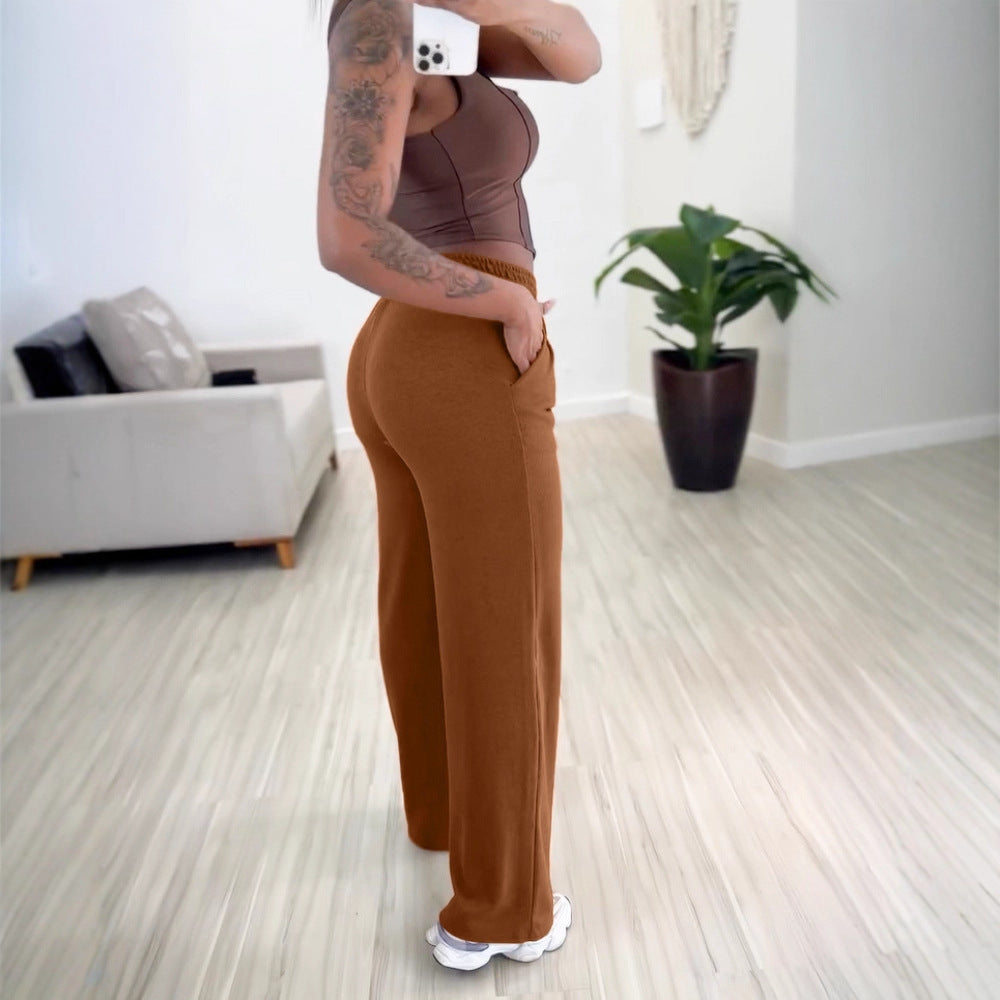 Solid Color High Waist Lace-up Elastic Waist Trimming Casual Trousers