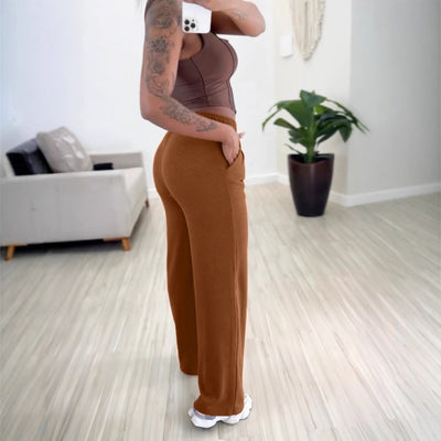 Solid Color High Waist Lace-up Elastic Waist Trimming Casual Trousers